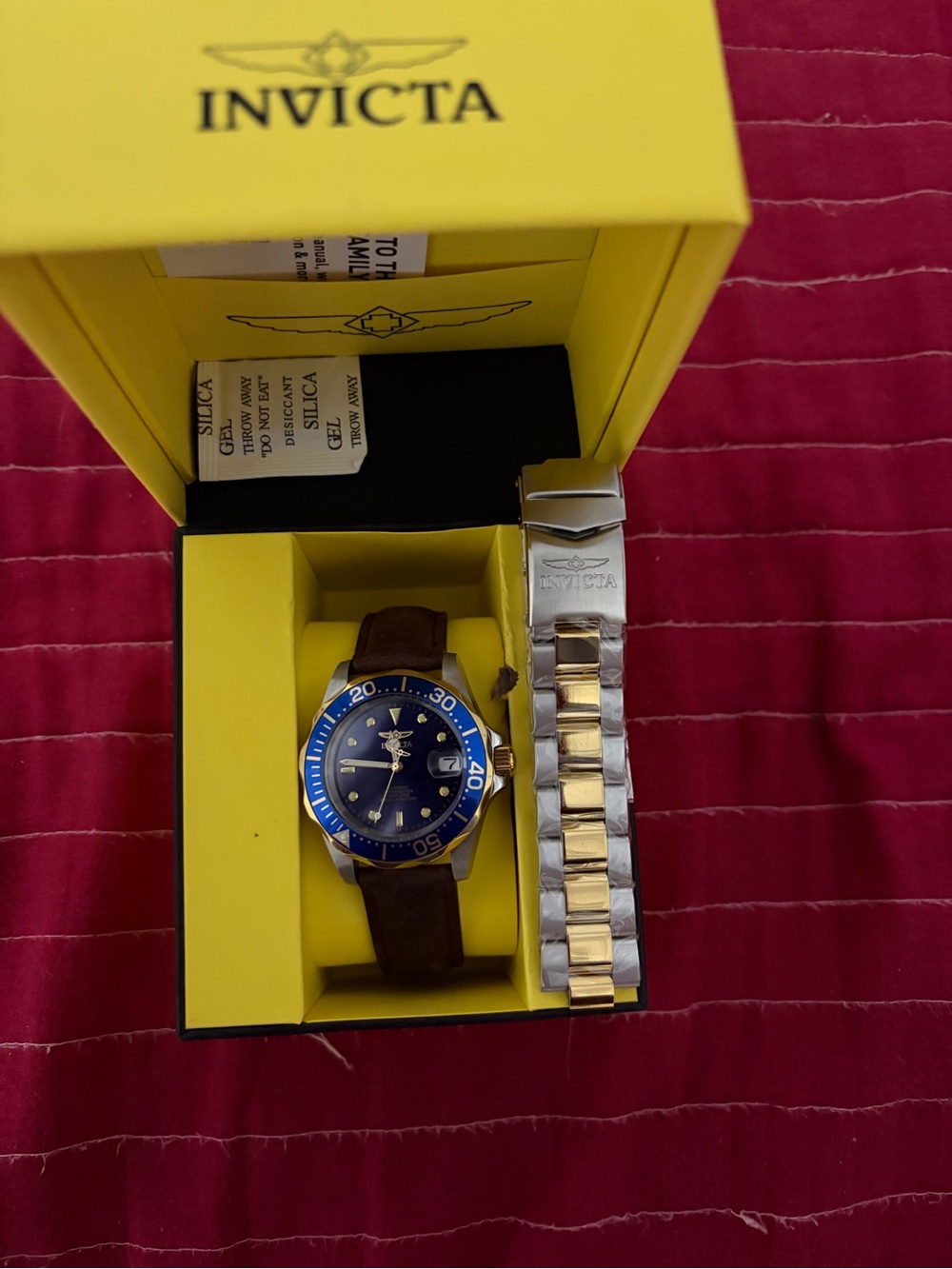 Invicta Blue Dial Dive Watch with Brown Strap and Two-Tone Bracelet